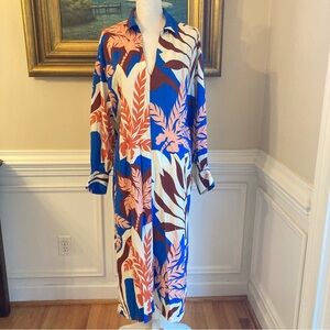 H&M Tropical Leaf Print Blue Orange Kaftan Swim Cover Dress